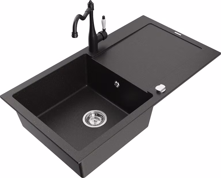 Mexen Leo lavello in granito a 1 vasca con sgocciolatoio e miscelatore da cucina Carla, nero/oro metallizzato