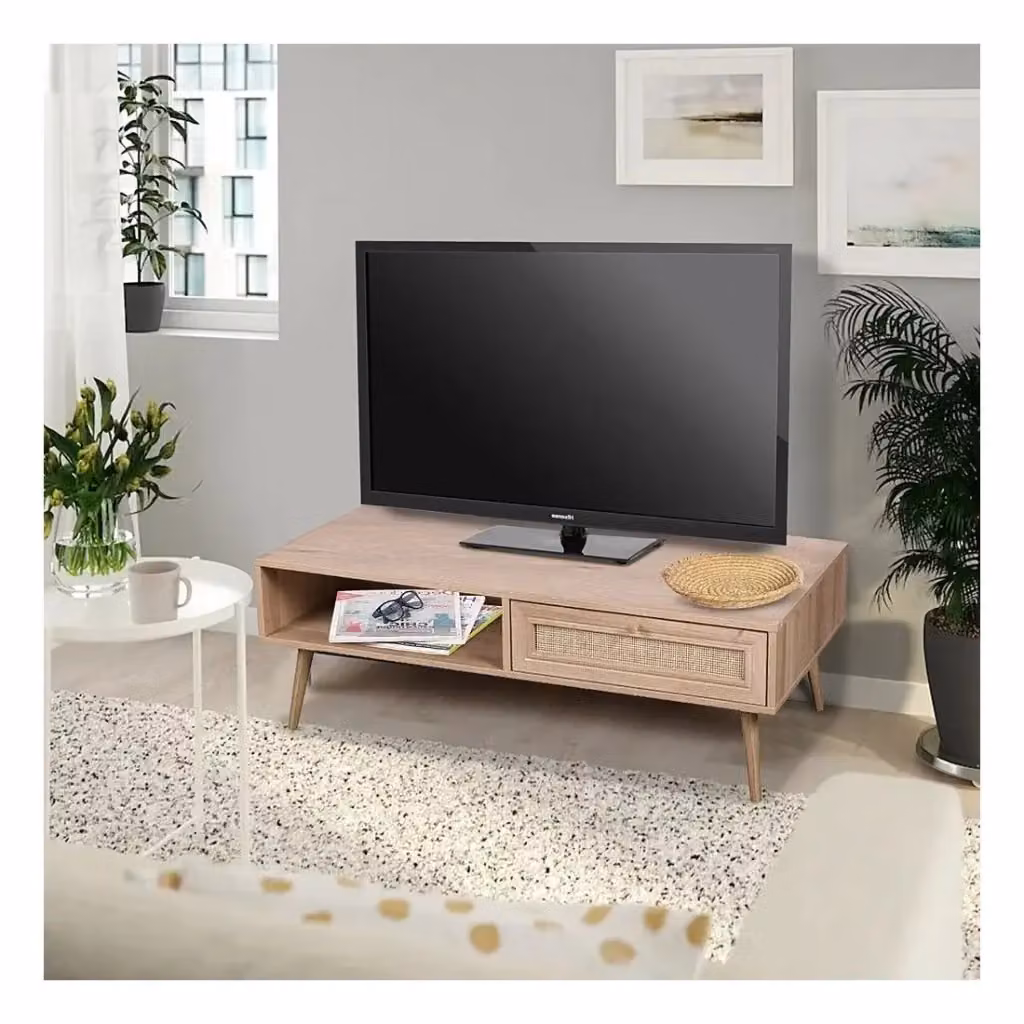 Tavolino basso Meublorama in stile scandinavo color rovere e beige, forma rettangolare con dettagli in rattan, L: 110 cm, P: 59 cm, H: 39 cm – 2