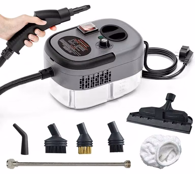 Pulitore a vapore portatile per auto e uso domestico - Modello TC-SC-002 - Potenza: 2500 W - Temperatura del vapore: minima 105 °C - Tempo di riscaldamento: 15 secondi - Tubo del vapore: 2 metri - Alimentazione: 220–240 V, spina EU - Colore: Grigio