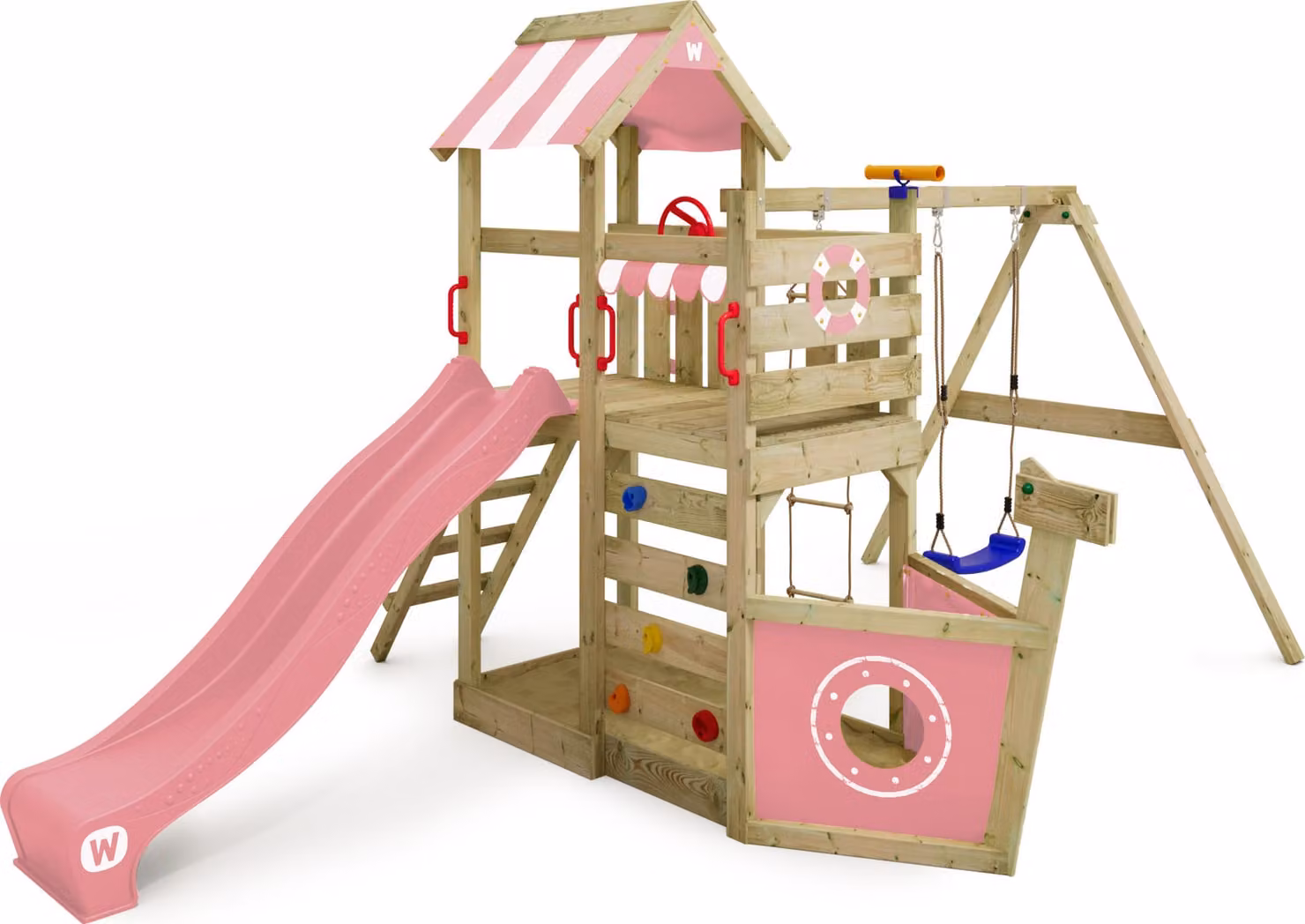 Torre giochi Wickey SeaFlyer con altalena e sabbiera in rosa chiaro