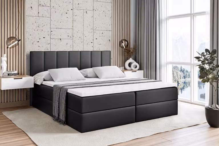 Letto boxspring ALTDECOR MOETI, letto imbottito con testiera e contenitore - Materasso rigido (H4) - 180x200 - Pelle finta nera
