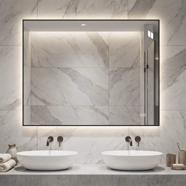 Specchio da bagno LED 70x90 cm con cornice in alluminio, retroilluminato, antifoschia, 3 tonalità di luce e dimmer regolabile, specchio argento senza rame 5 mm