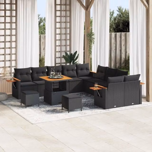 Set Divano da Giardino vidaXL a Forma a U con 17 Pezzi, Nero, con Cuscini e Tavolino da Caffè