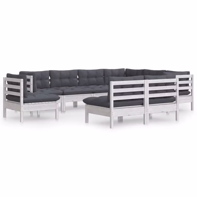 Set Divani da Giardino 9 pz con Cuscini Bianchi Legno di Pino