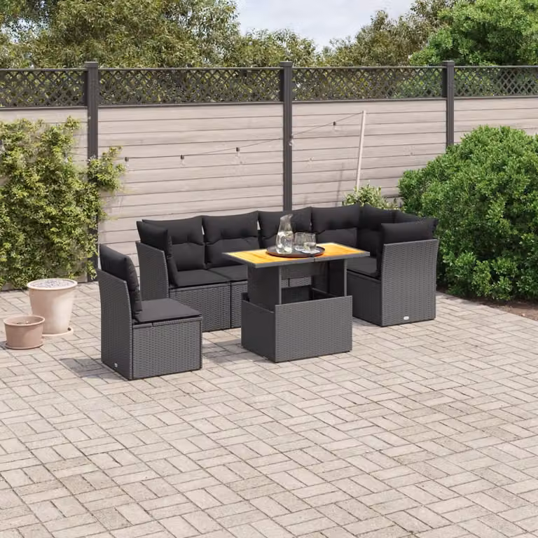 vidaXL Set Divani da Giardino a L con Cuscini 7pz Nero in Polyrattan e Acciaio