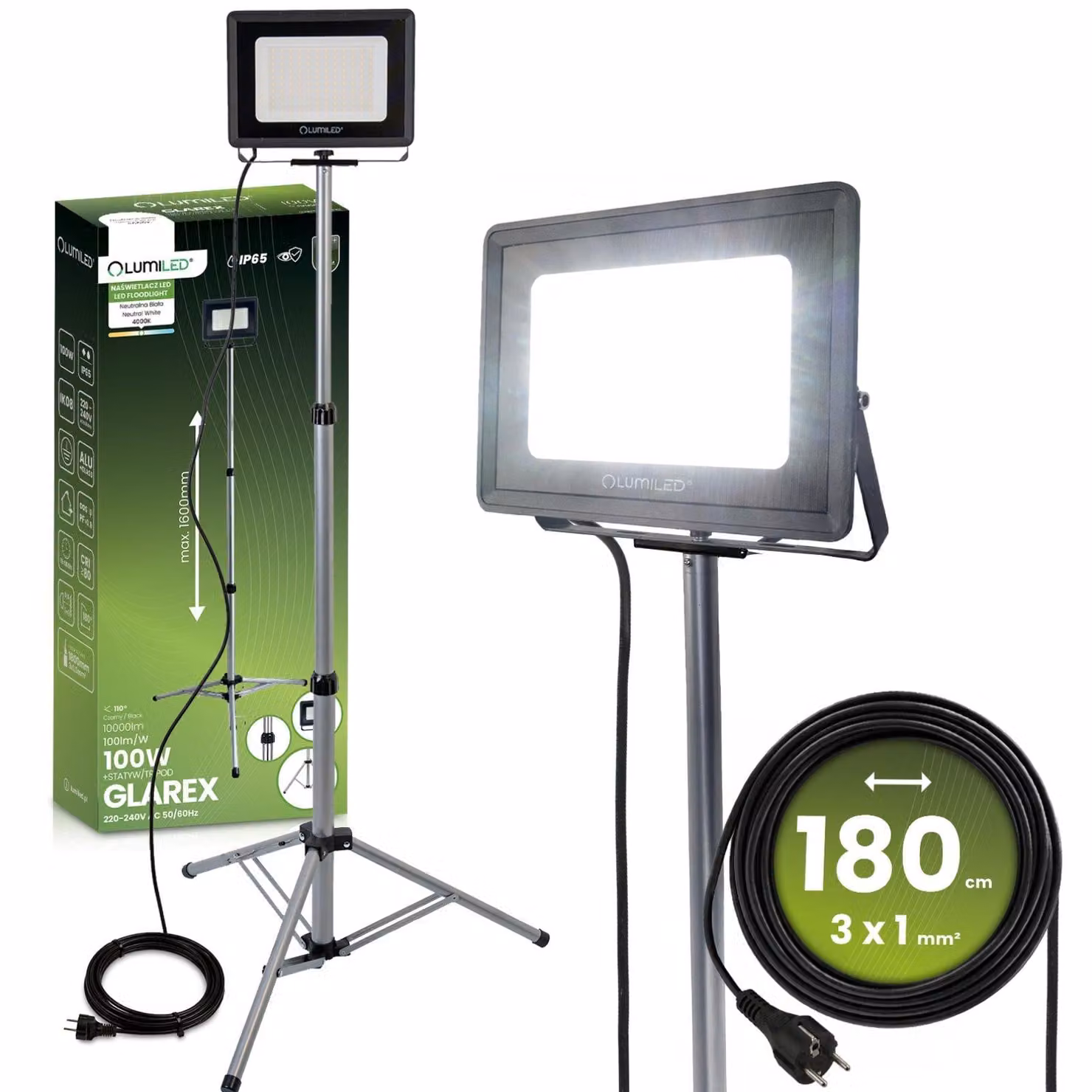 LUMILED Proiettore da cantiere a LED con treppiede, potenza totale 10.000 lm, lampada da lavoro 1x100W, 4000K, regolabile in altezza fino a 160 cm, treppiede telescopico, IP65, rotazione a 360°, lampada da officina, proiettore a LED per cantieri, garage,