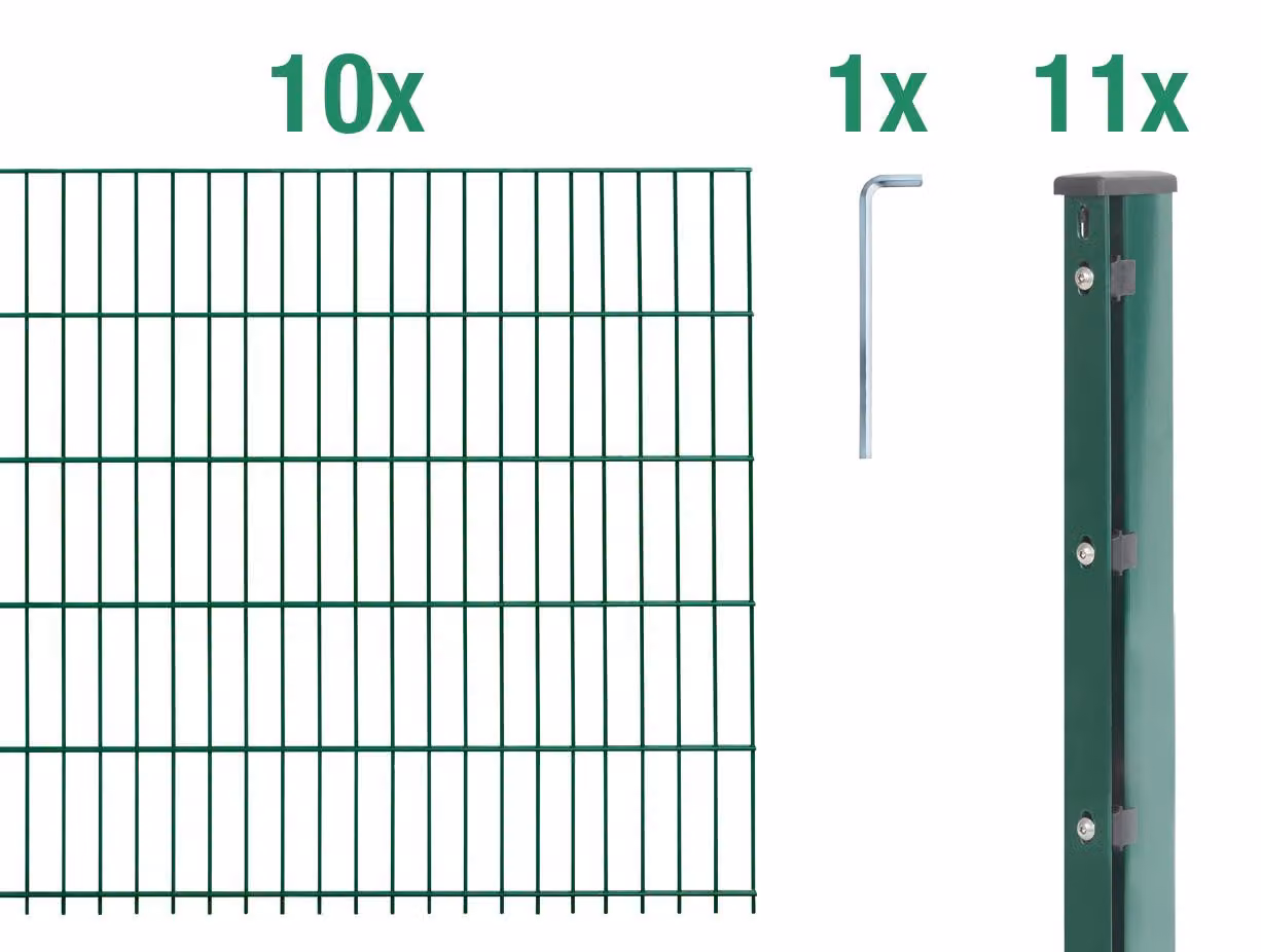 Alberts 679002: Recinzione a pannelli doppi, set completo da 22 elementi, rivestita in plastica, colore verde, altezza 183 cm, lunghezza 25 metri