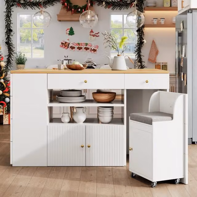 Isola da cucina con 6 cassetti, 2 nicchie aperte, madia bassa con sgabello contenitore, per cucina e sala da pranzo