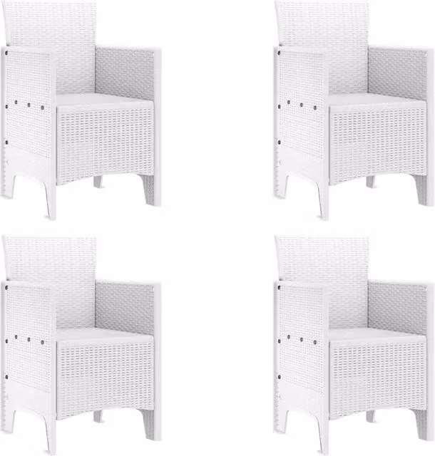 Set di 4 sedie da giardino moderne in polipropilene bianco con braccioli e cuscini inclusi, resistenti alle intemperie, L: 53 cm, P: 49 cm, H: 85 cm