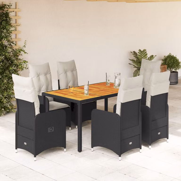 Set da Bistrò da Giardino vidaXL in Polyrattan e Legno di Acacia Nero con 7 Pezzi e Cuscini