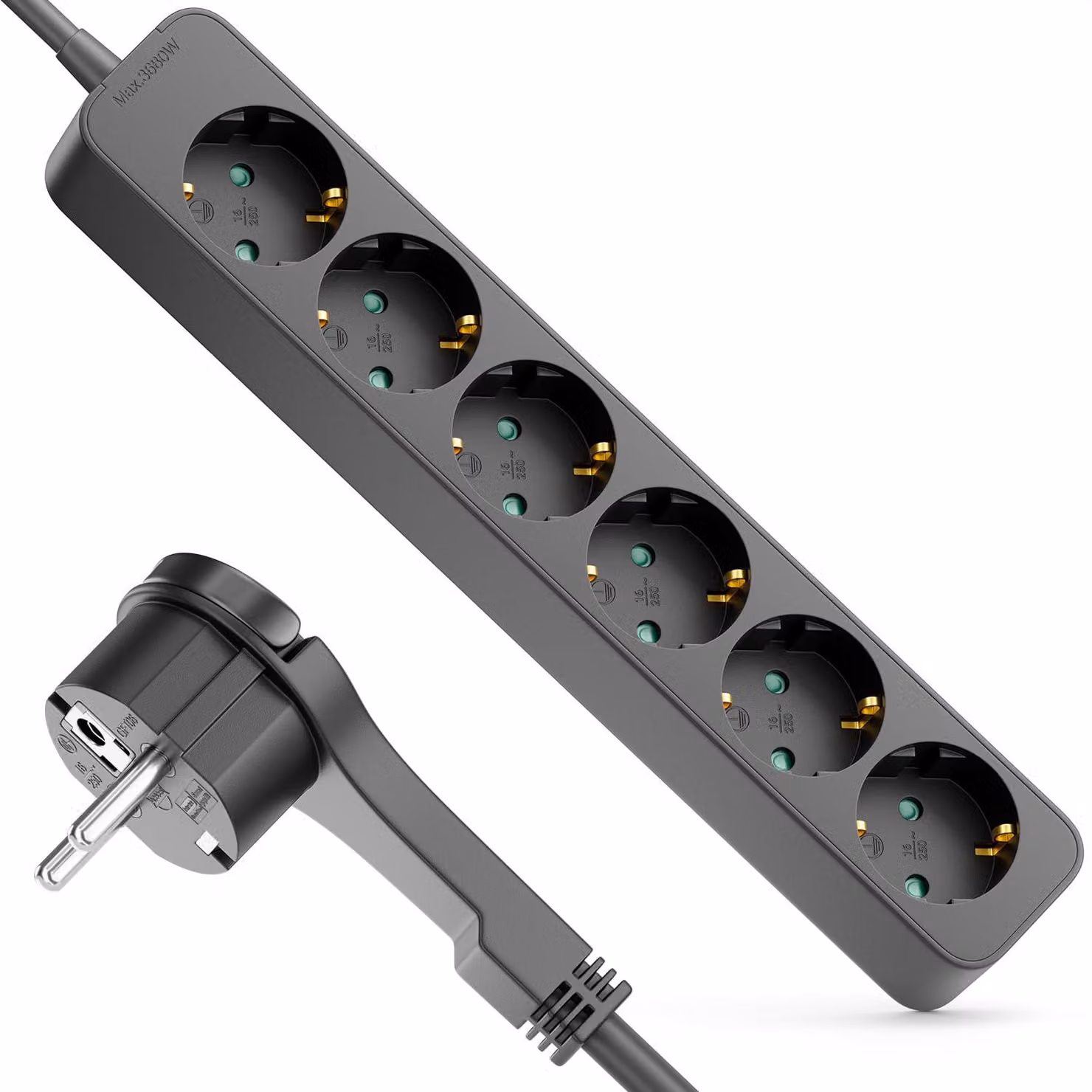 Ciabatta multipresa con spina piatta - Cavo da 3,0 metri, 3680W 16A - Colore nero