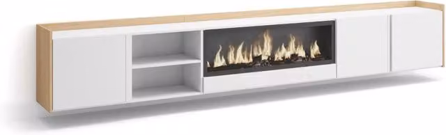 Mobile TV Soggiorno, 315x50x35 cm, Per TV fino a 80", Camino elettrico XXL, Sospeso, da appendere, Bianco e Rovere soft