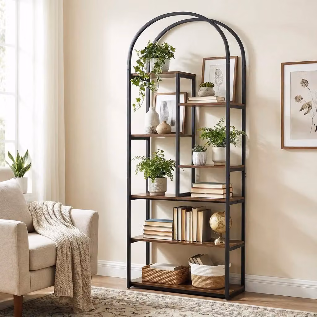 Libreria ad arco DESIGN IN con 7 ripiani aperti in legno e metallo, disponibile in nero o marrone, con piedini regolabili e kit antiribaltamento – 2