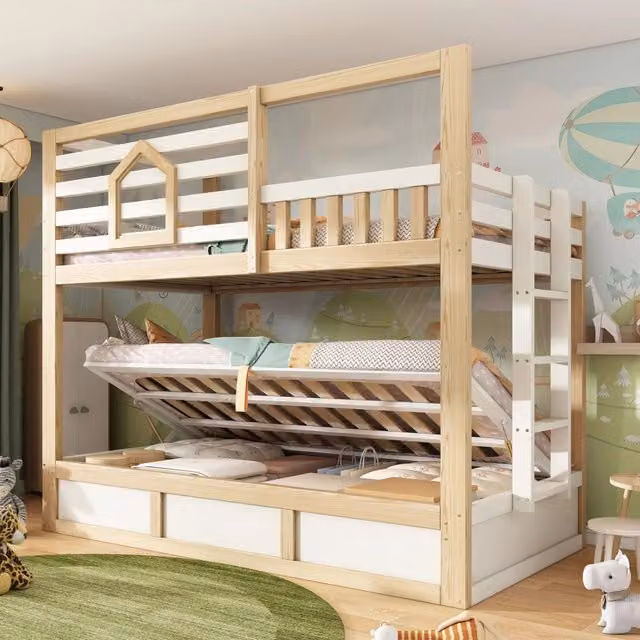 Letto a castello stile casetta 90x200 cm in legno bianco e rovere