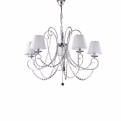 Lampadario Shabby Chic Magda Metallo E Cristallo Cromo 5 Luci E14 Con Paralume