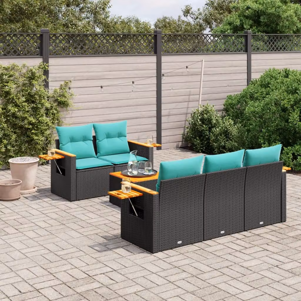 Set di divani da giardino vidaXL in polyrattan nero con cuscini, divano a 3 posti, poltrone e tavolino da caffè