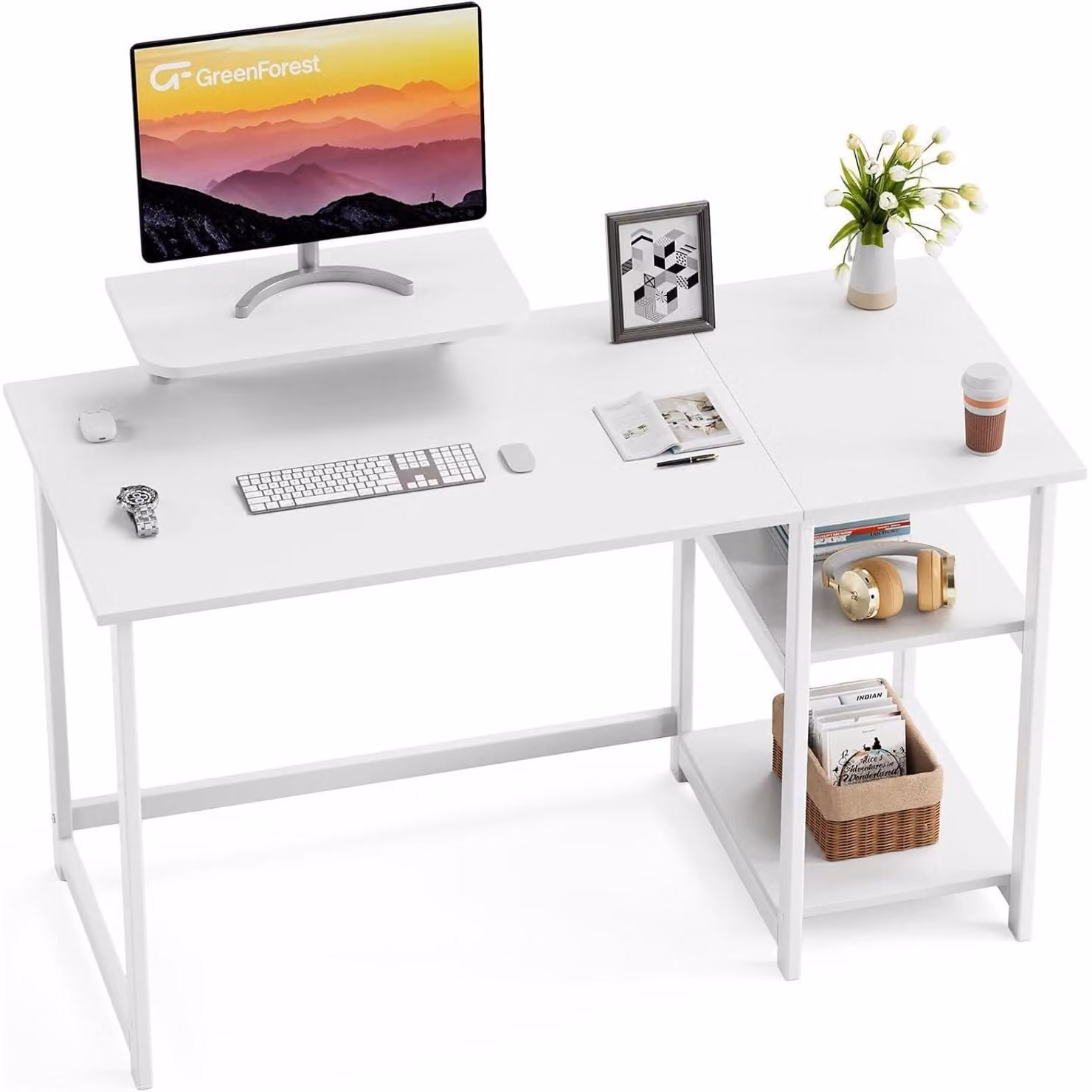 Scrivania da 120 cm con spazio contenitore e supporto per monitor, colore bianco puro, dimensioni 120x50 cm