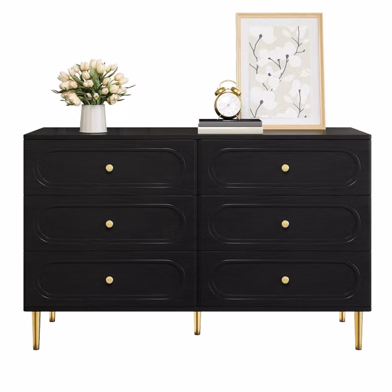 Mobile contenitore Moonbite da 120 cm con 6 cassetti, caratterizzato da intagli ovali, maniglie e piedini in metallo, realizzato in pannello MDF e pannello truciolare, colore nero