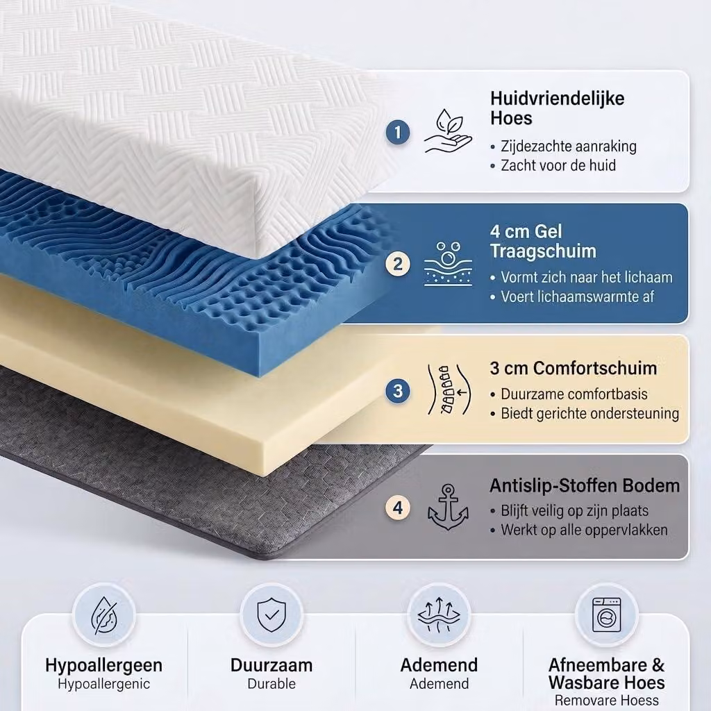 Materasso topper in gel, 5 zone, 90x200 cm, rigidità H3/H4, per un sonno migliore