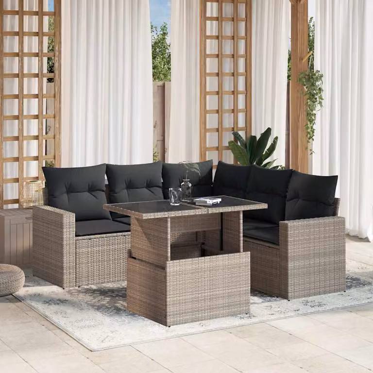 Set Divano da Giardino a L vidaXL 6pz con Cuscini Grigio Antracite e Tavolino in Vetro