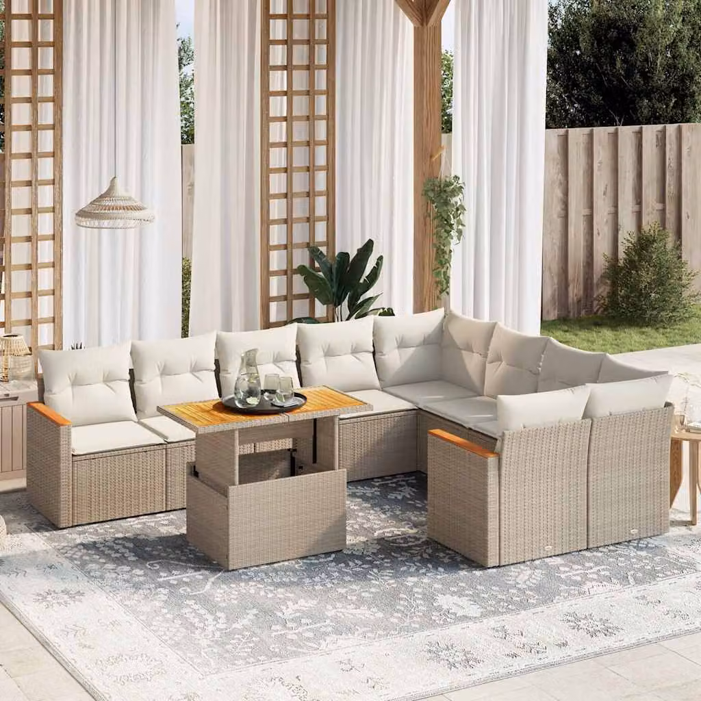 vidaXL Set Divano da Giardino a L 10 pz in Polyrattan con Cuscini Beige e Tavolino da Esterno – 1