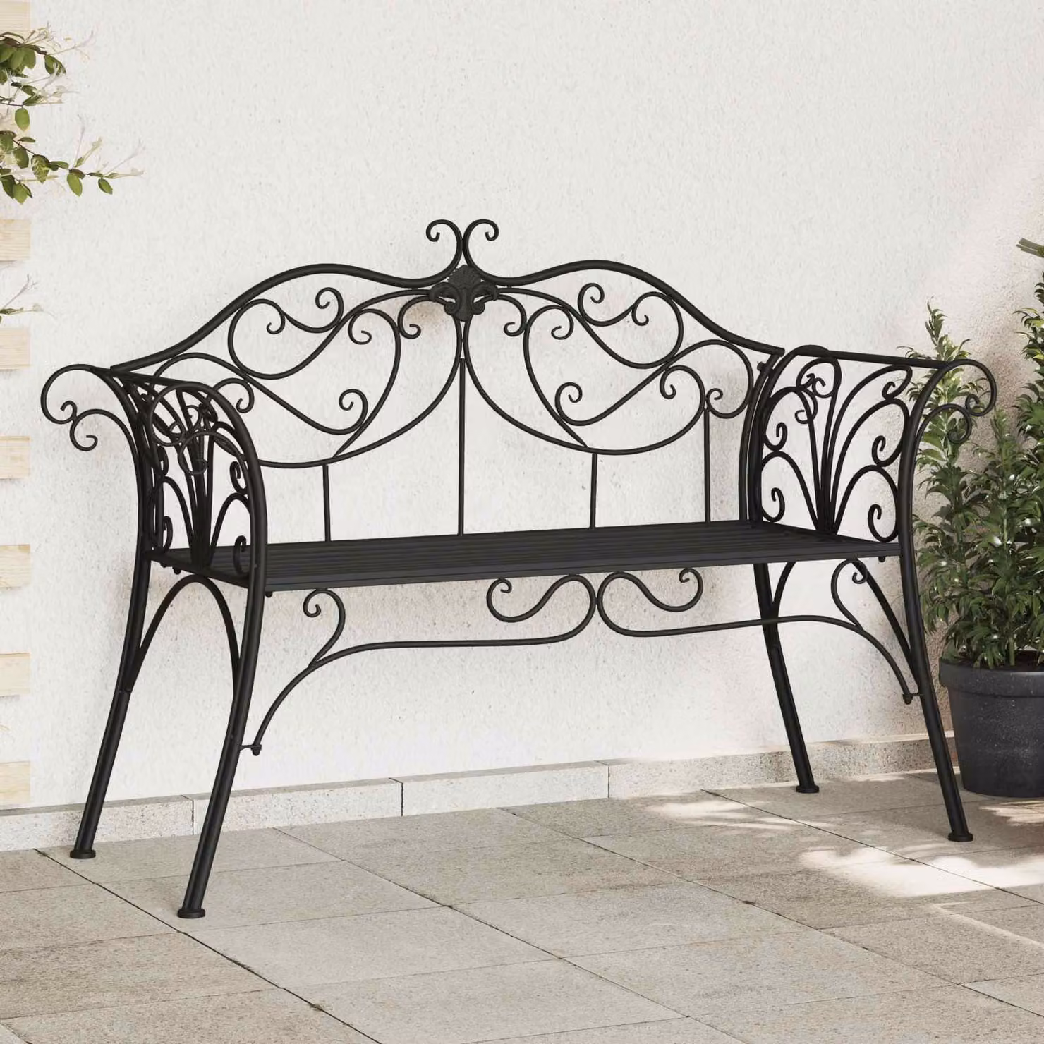 Panchina da giardino a 2 posti vidaXL in acciaio nero con braccioli L: 131 cm, P: 47,5 cm, H: 90 cm