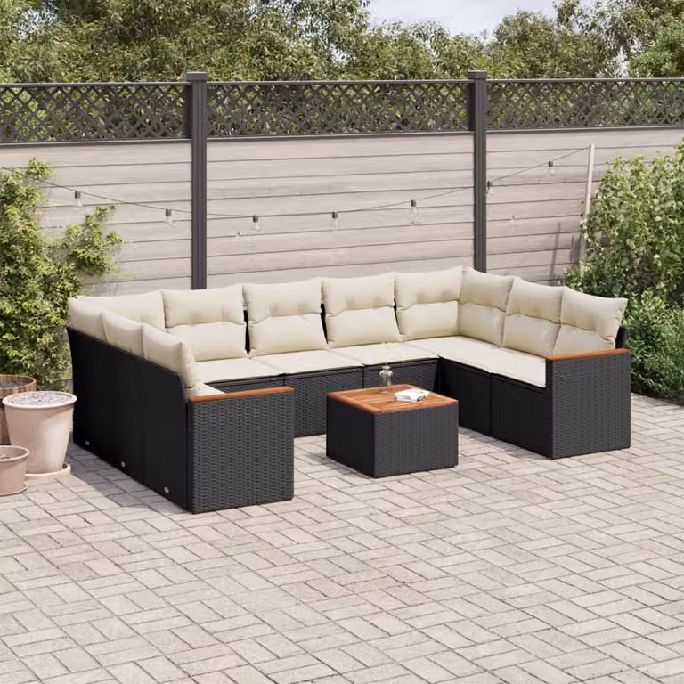 Set di Divani da Giardino vidaXL 10 Pezzi con Cuscini e Tavolino, Polyrattan Nero e Struttura in Acciaio Verniciato a Polvere