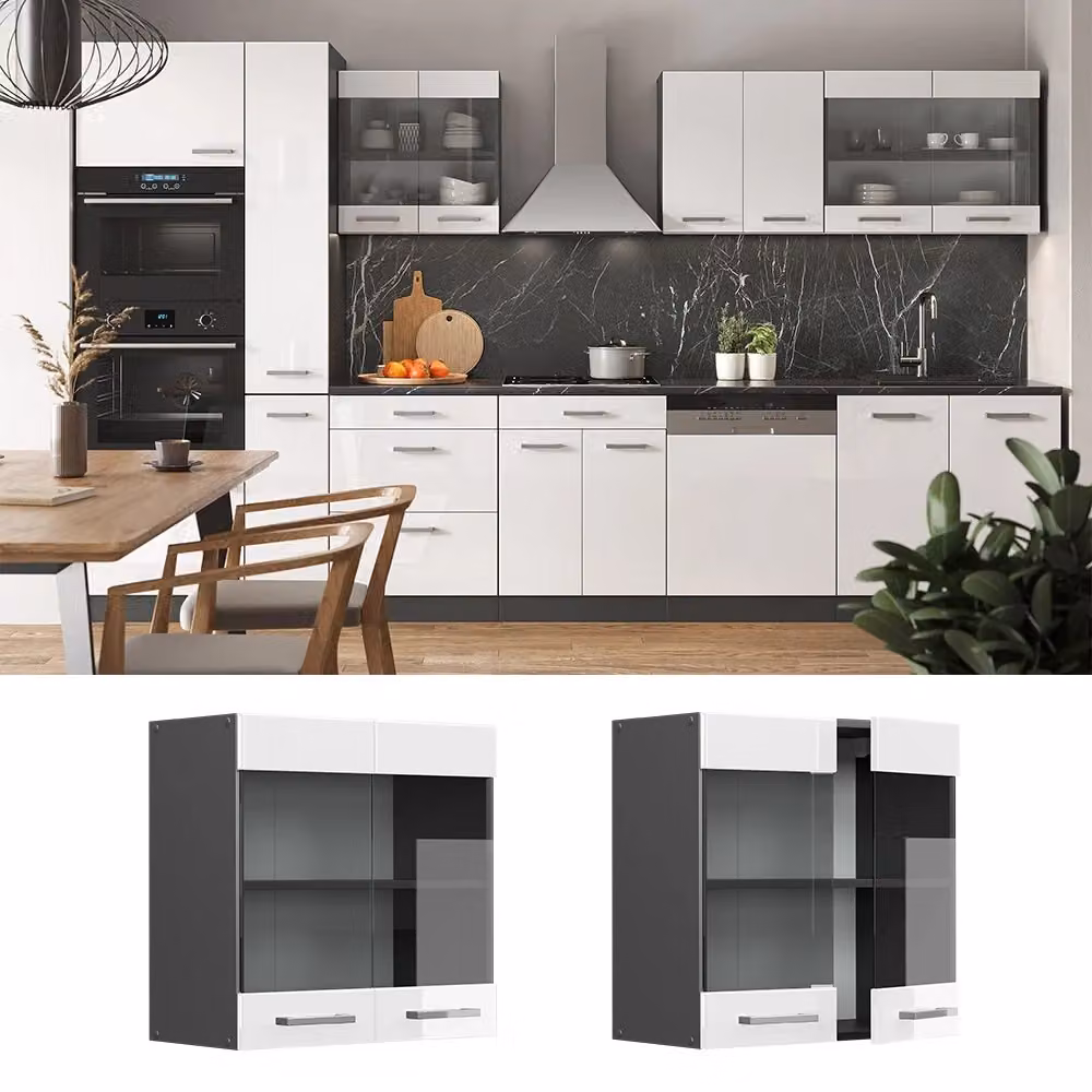 Pensile da cucina Vicco R-Line Bianco lucido e Antracite con ante in vetro – 2
