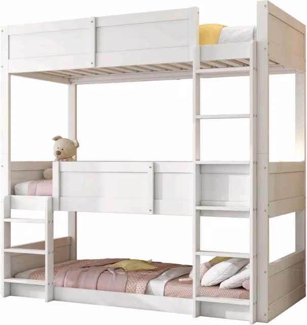 Letto a castello triplo per bambini 90x200 cm trasformabile con sponde; bianco