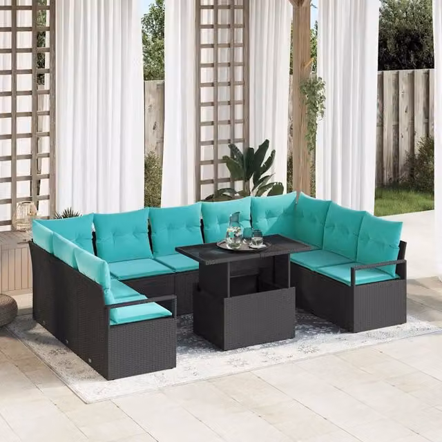 Set Divano da Giardino 10 pz 9-Numero di posti Nero e Blu 3348892