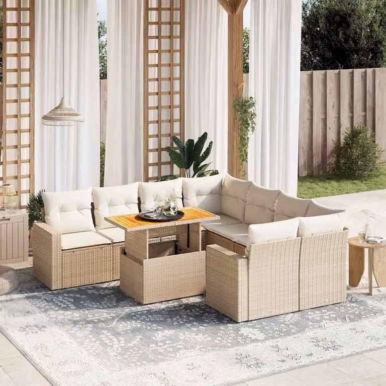 vidaXL Set Divano da Giardino a L 9 pz in Polyrattan con Cuscini Beige e Tavolino