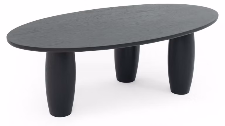 Tavolo da pranzo moderno, nero, dal design distintivo, con una struttura semplice e ben definita