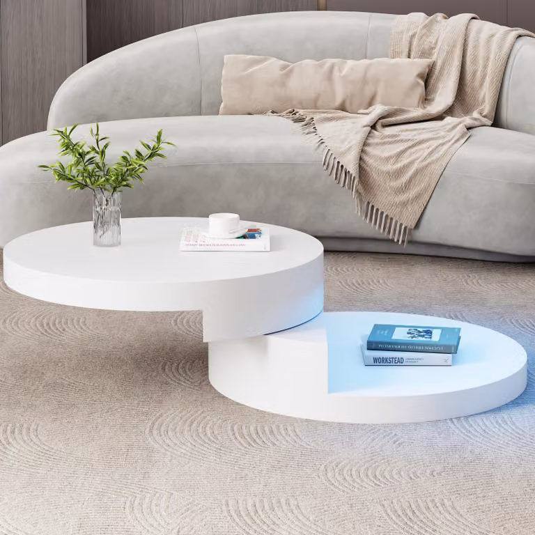 Merax LED tavolino rotondo 70×70 cm, piano rotante, tavolino da salotto a 2 livelli e USB 16 colori, tavolino da divano sicuro e cilindrico, moderno bianco