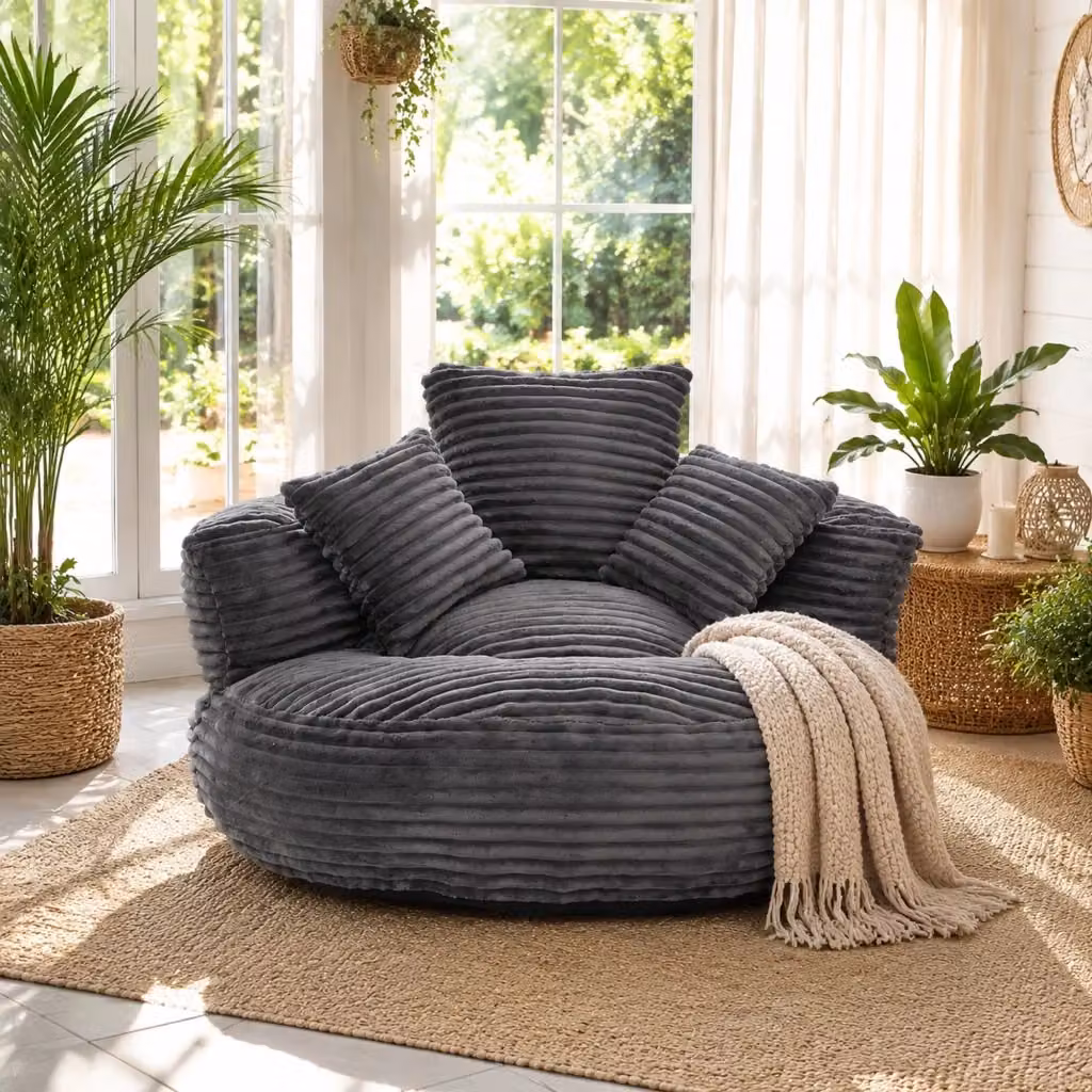 Pouf Mivray in velluto a coste grigio con schienale alto e braccioli per soggiorno, camera o sala giochi, L: 76 cm, P: 52 cm, H: 108 cm – 2