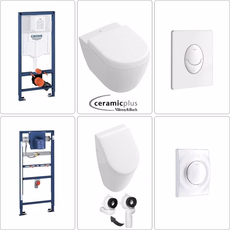 Villeroy & Boch Subway Set Orinatoio con WC a parete senza brida, rivestimento Cermic Plus e accessori Grohe, bianco