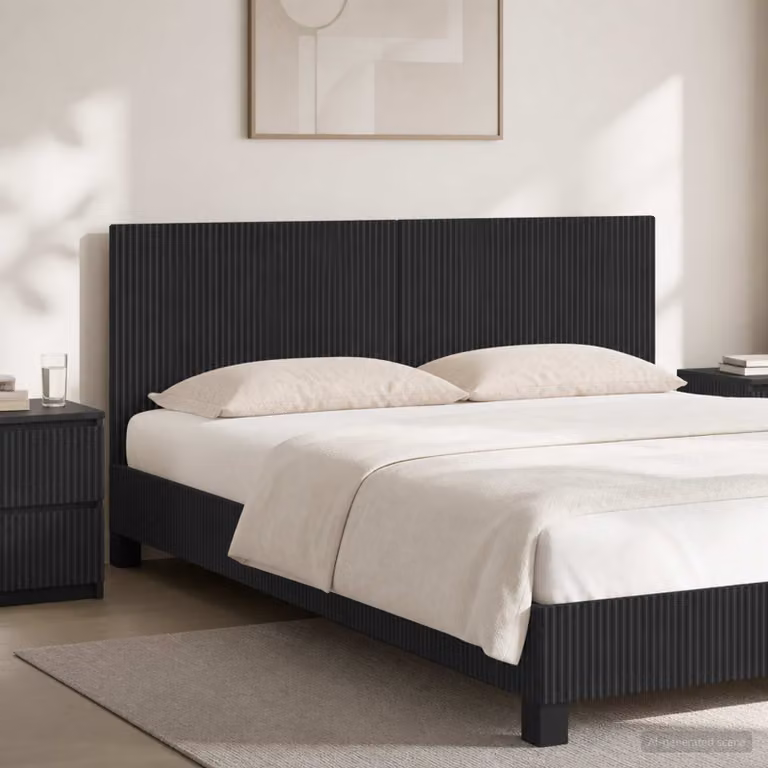 Testiera da muro vidaXL ARNHEM nera con ripiano integrato e scomparti laterali in legno ingegnerizzato e tessuto L: 140 cm, P: 3 cm, H: 50 cm