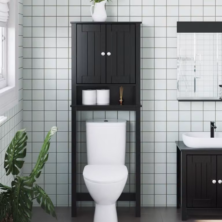 Portaoggetti sopra WC BERG vidaXL in legno di pino e metallo, Nero, L: 60 cm, P: 27 cm, H: 164,5 cm