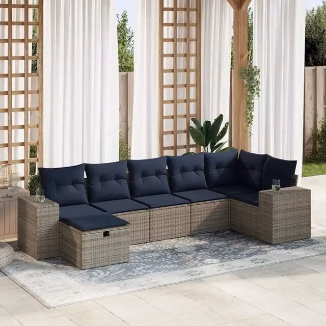 Set Divani da Giardino 7 pz con Cuscini Grigio in Polyrattan 3325707