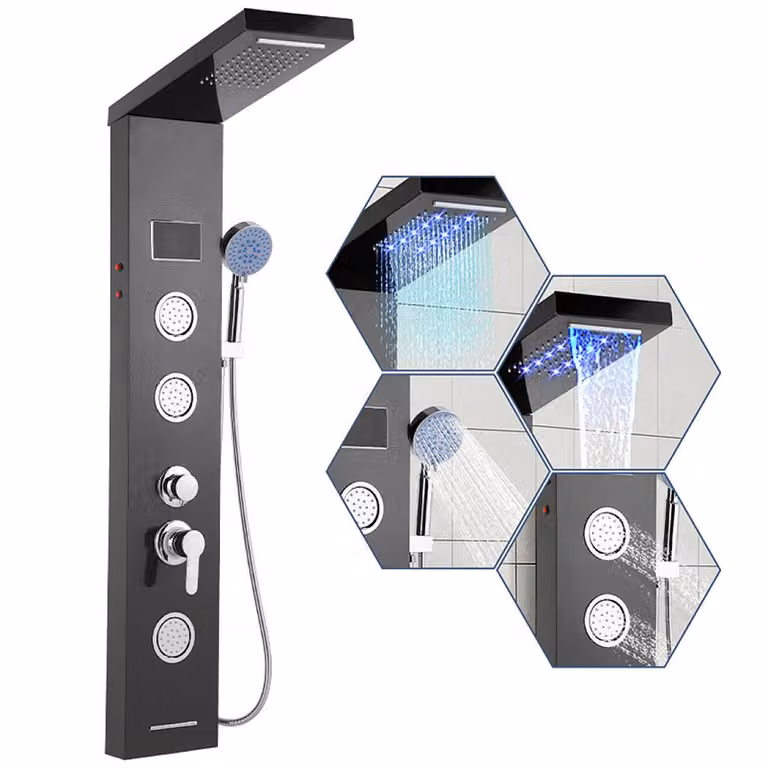 Pannello doccia Izrielar con rubinetteria Sistema doccia 5 in 1, set doccia multifunzionale con doccia a pioggia, doccia a cascata, doccia massaggiante e doccetta, nero