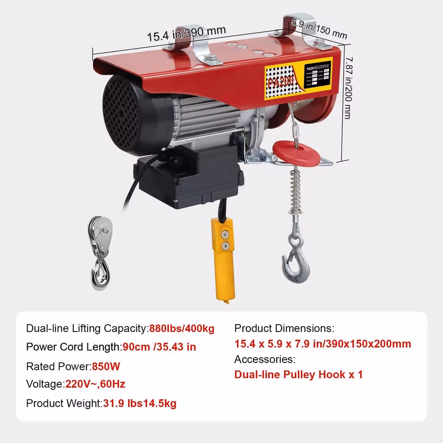 Verricello elettrico, comando wireless e via cavo, elevata capacità di sollevamento, cavo da 880 libbre