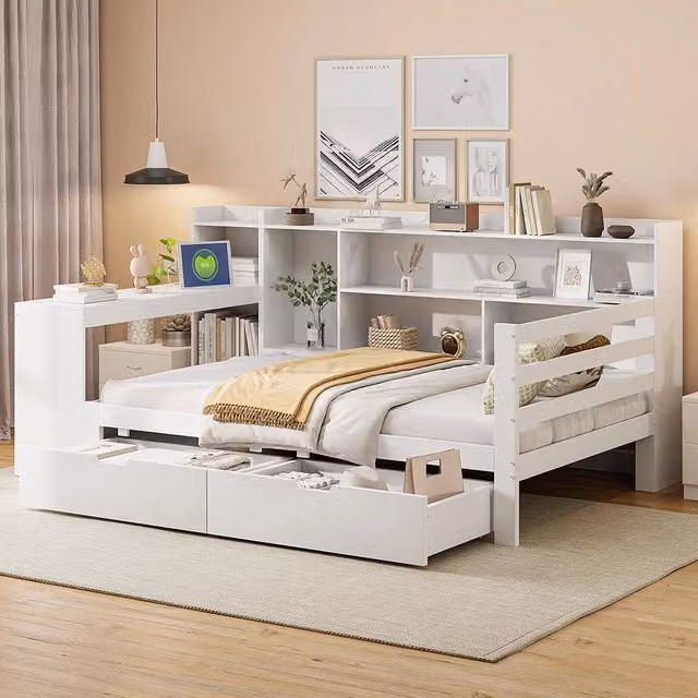Divano letto-Xylo-90x200 cm-libreria, 2 contenitori, presa, legno bianco
