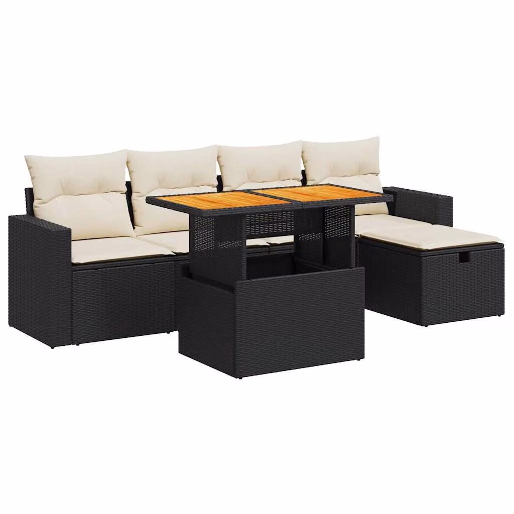 Set Divano da Giardino 6 pz con Cuscini Nero Polyrattan Acacia