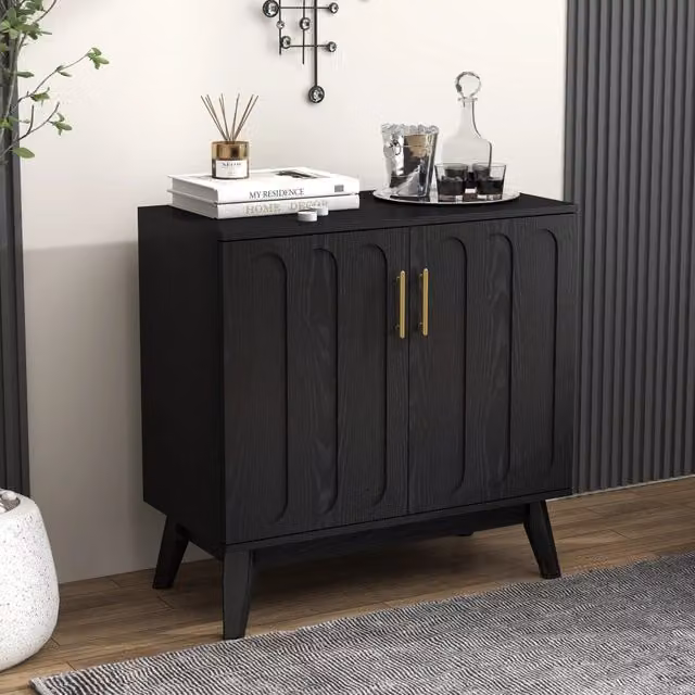 Sideboard Mid-Century Modern con ante scanalate, ripiani regolabili e gambe in legno massello. Mobile contenitore per soggiorno, ingresso e corridoio