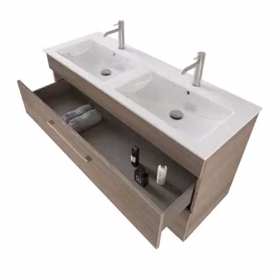 Mobile bagno sospeso INBAGNO moderno con specchio LED e cassetti, finitura legno bianco e marrone, L: 118,0 cm, P: 42,0 cm, H: 62,9 cm – 2