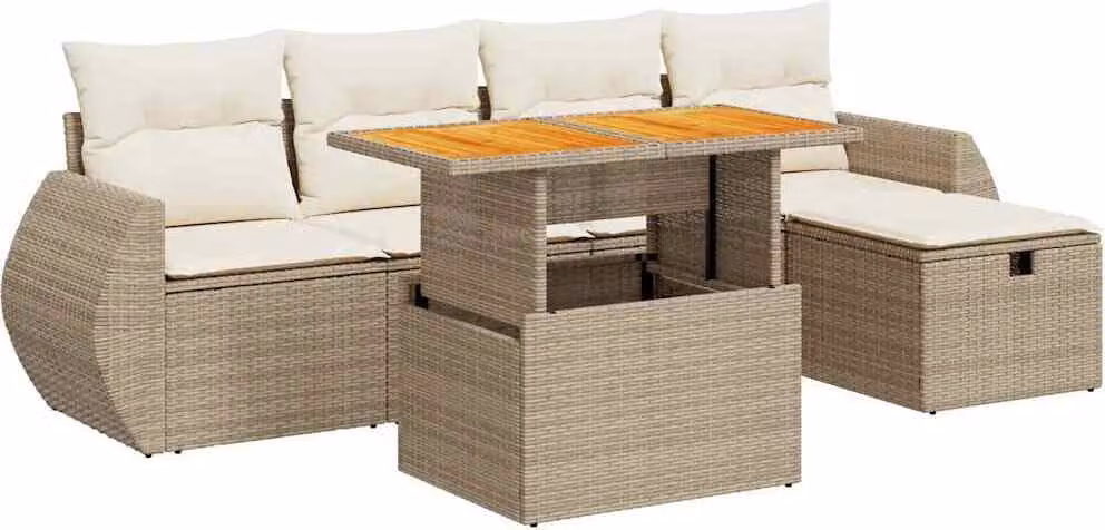 Set Divano da Giardino 6 pz con Cuscini Beige Polyrattan Acacia