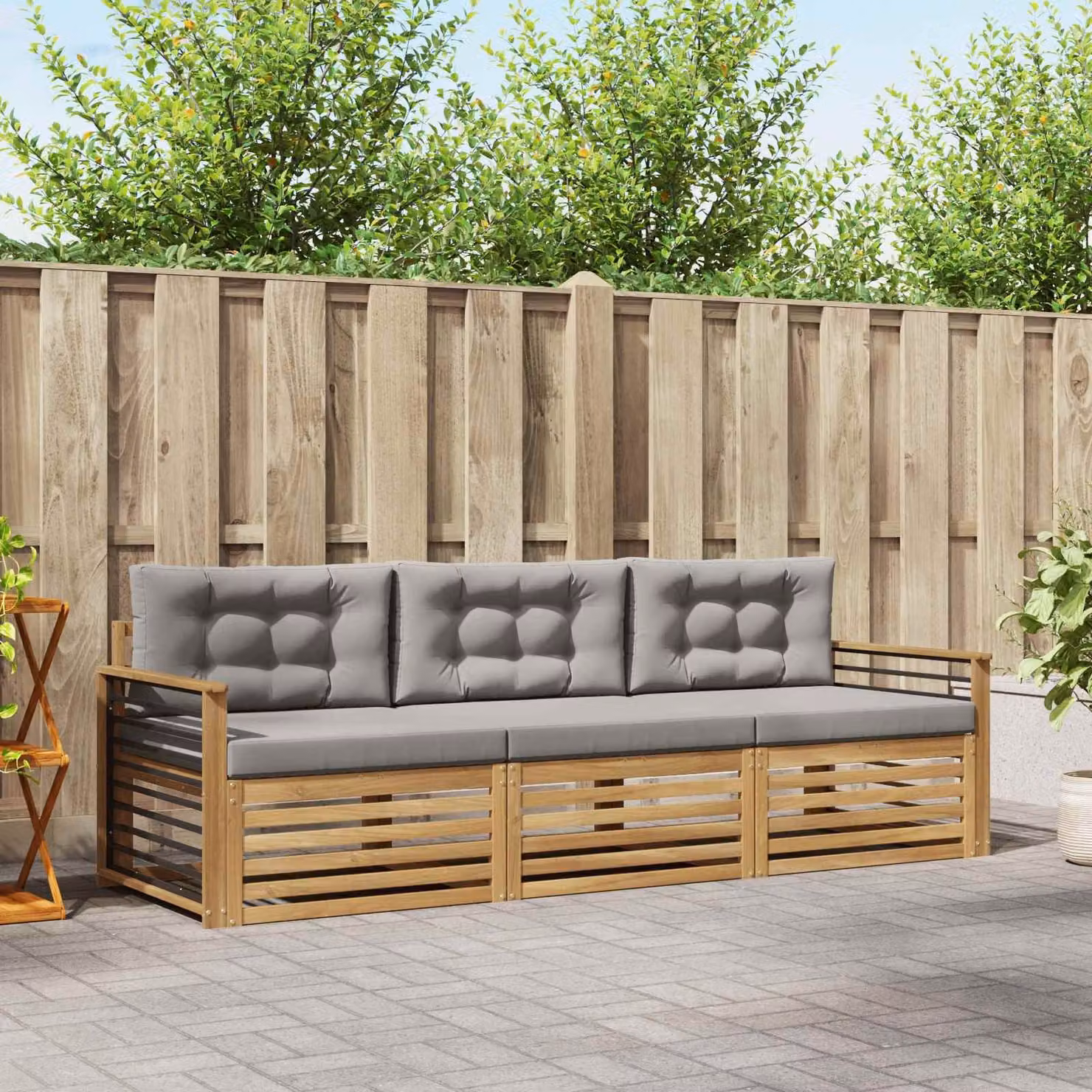 Set di divani da esterno moderno vidaXL in legno di acacia con cuscini, Bianco e Grigio