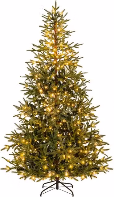 Albero di Natale artificiale pre-illuminato con luci LED calde e multicolore, Altezza: 210 cm, con base metallica pieghevole