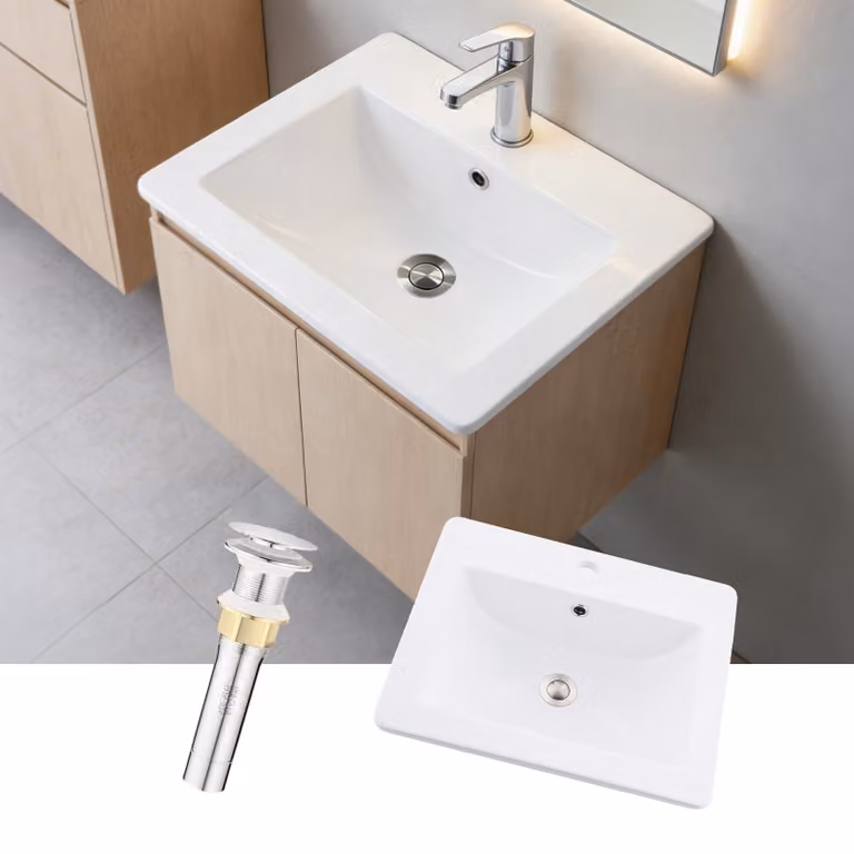 Lavabo in Vetroceramica rettangolare, 53x46x17 cm, bianco lucido, con troppofilo