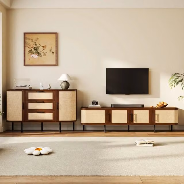Set Mobile Soggiorno Credenza e Mobile TV ¨C Minimal ¨C Colore Nero, MDF, Piedi in Metallo