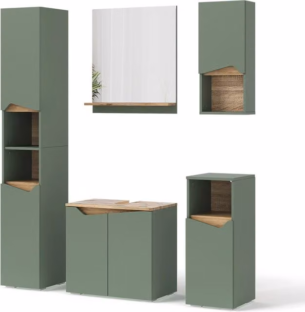 Set di mobili da bagno Marelle Verde/Rovere artigianale 5 pezzi Vicco